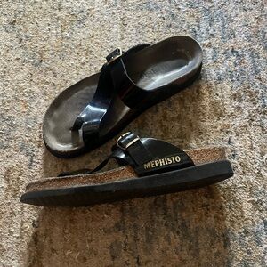 Mephisto Black Patent Cork Footbed Thong Sandals with Gold Logo
